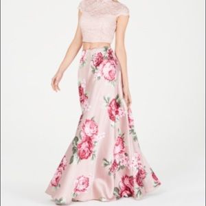 Pink Floral Prom Dress Two-Piece Maxi